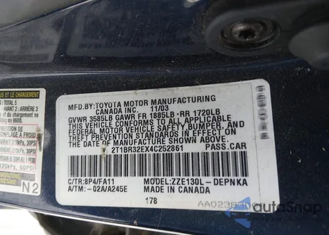 2004 Toyota Corolla Le z USA, uszkodzony, nr VIN 2T1BR32EX4C252861